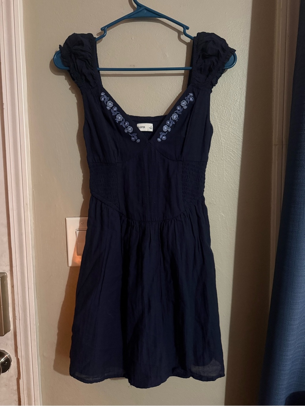Women’s Small Hollister Navy Dress with Light Blue Floral Embroidery